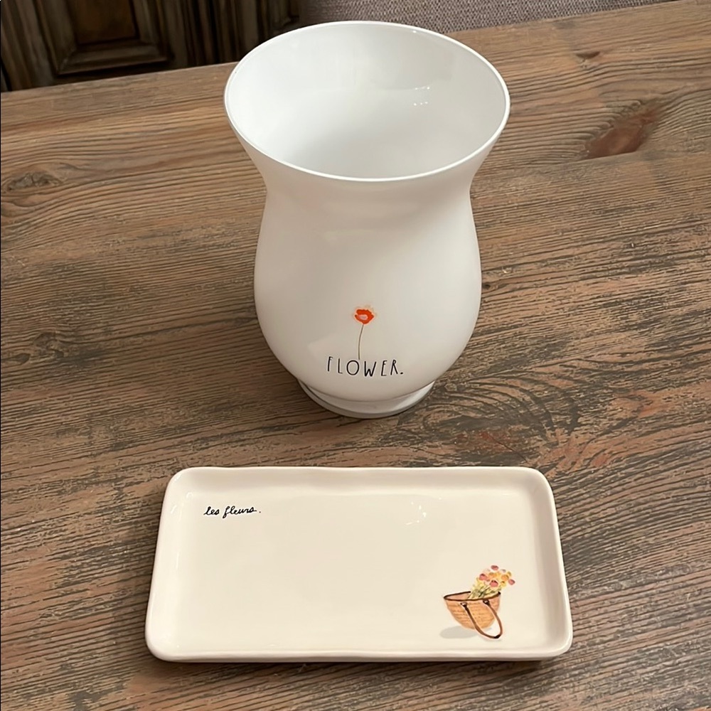 Rae Dunn White “Flower” Vase and Cream “les fleurs” Tray